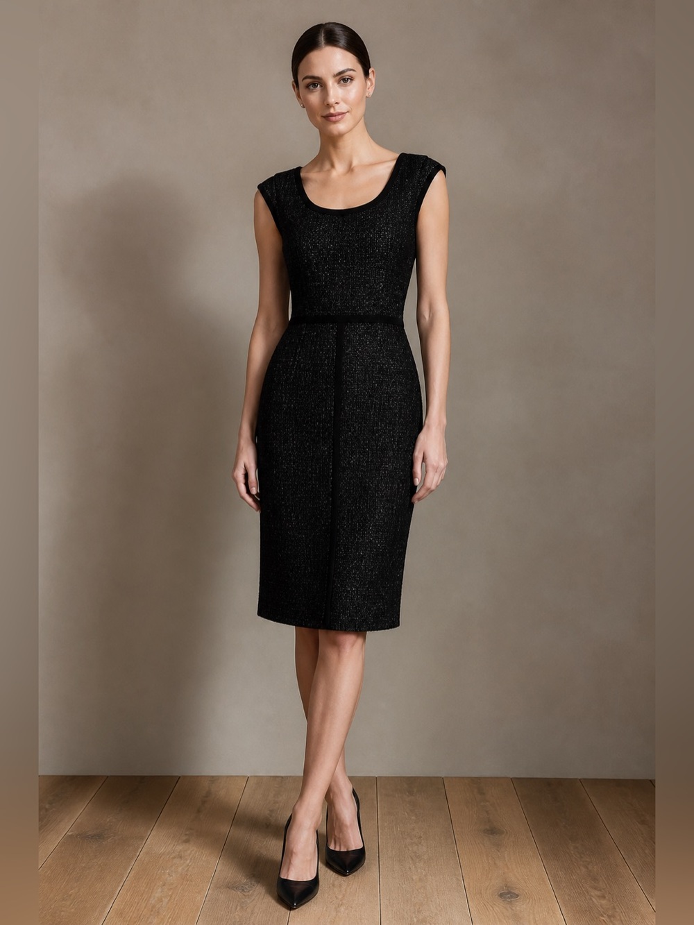 Ann Taylor Black/Gray Textured lined Midi Chanel style Dress with ribbon trim.